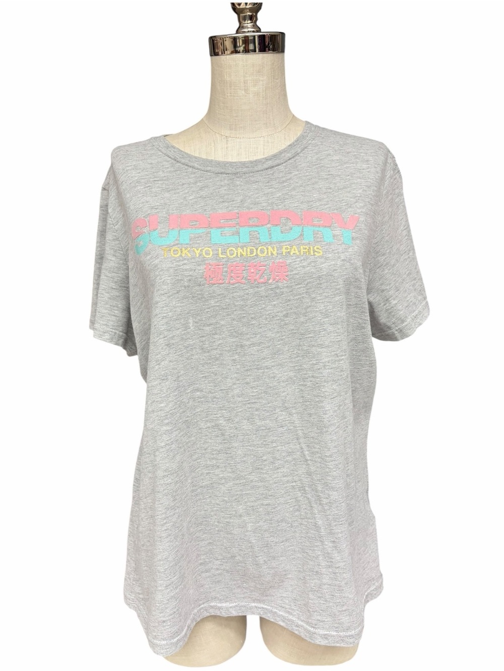 Superdry Pastel Graphic T-Shirt US 12 Tokyo London Paris Gray